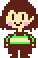 A video game sprite of Chara from Undertale. When hovered on, their face distorts, and their body begins to shake.